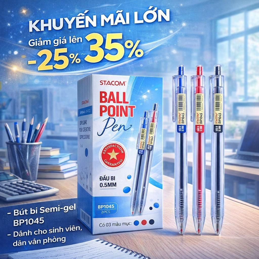[Giảm SỐC] Combo 3/5/12 bút bi mực gốc dầu | Đầu bi 0.5mm, mực nhiều, viết mượt, 03 màu Xanh / Đỏ / Đen | Stacom BP1045