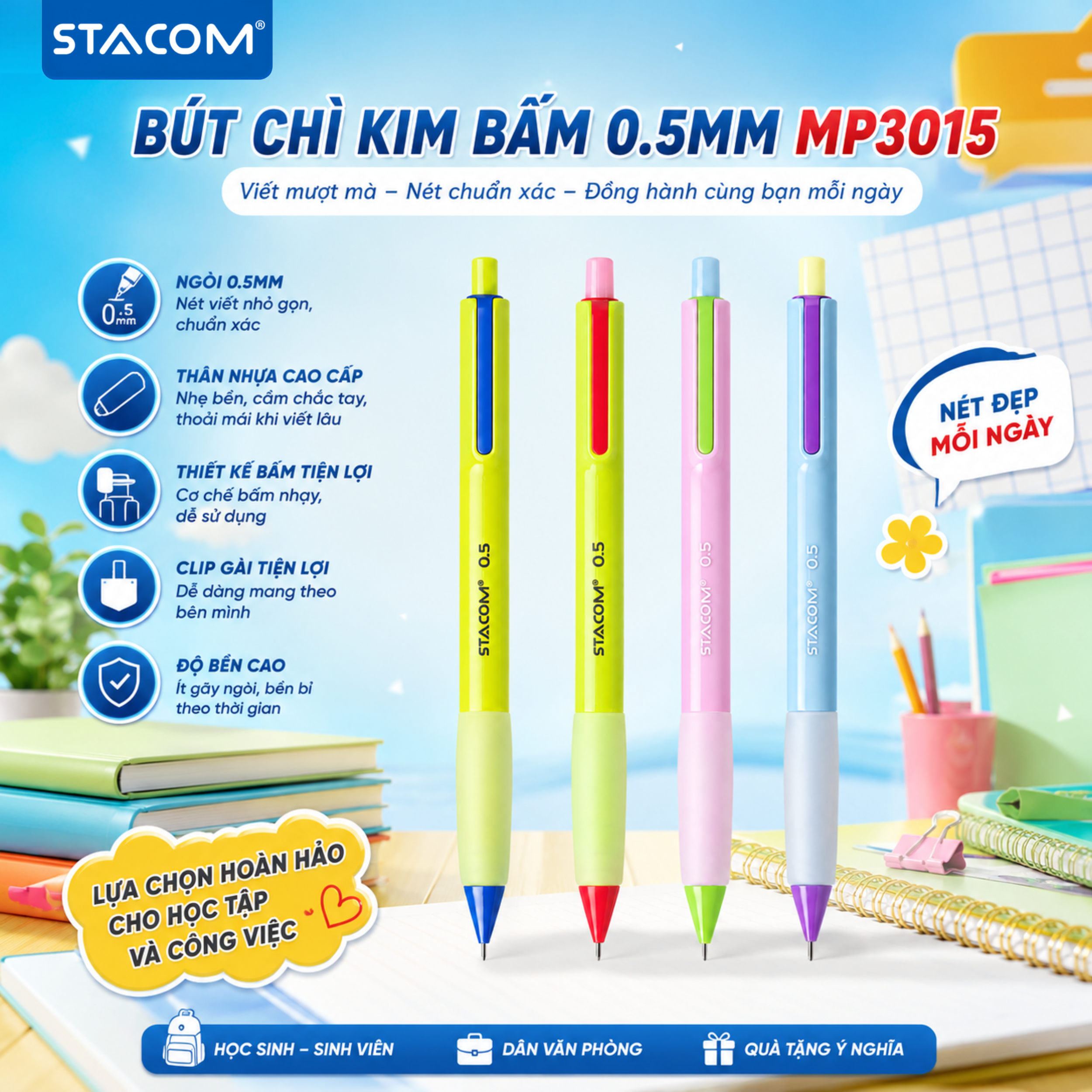 Bút chì kim bấm 0.5mm thân nhựa, nhiều màu- MP3015